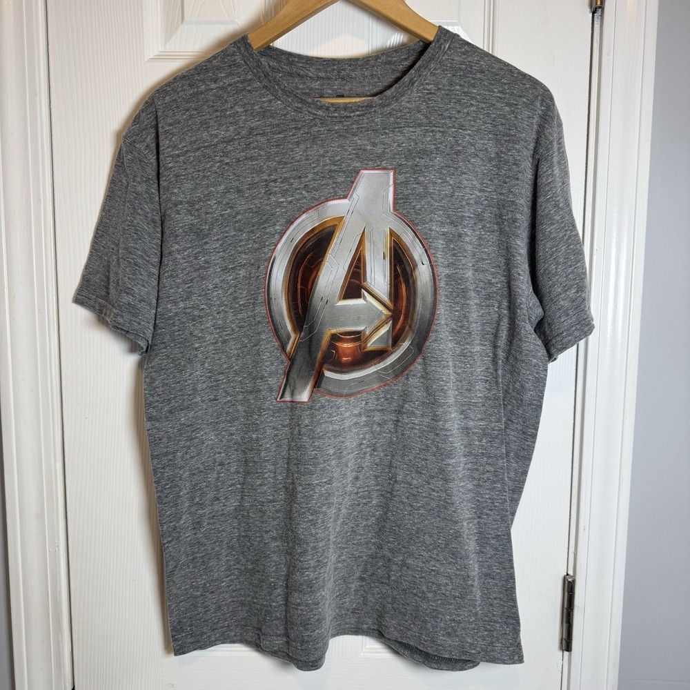 MARVEL Avengers Age of Ultron A Logo Gray T-Shirt Men's Size Lg IRON MAN style